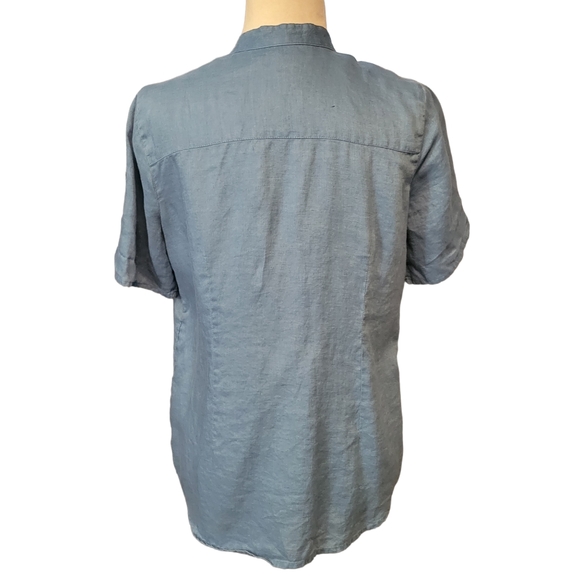 J.Jill Linen Blouse Buttondown Short Sleeve Blue  Casual Career Womens Small - Picture 5 of 11